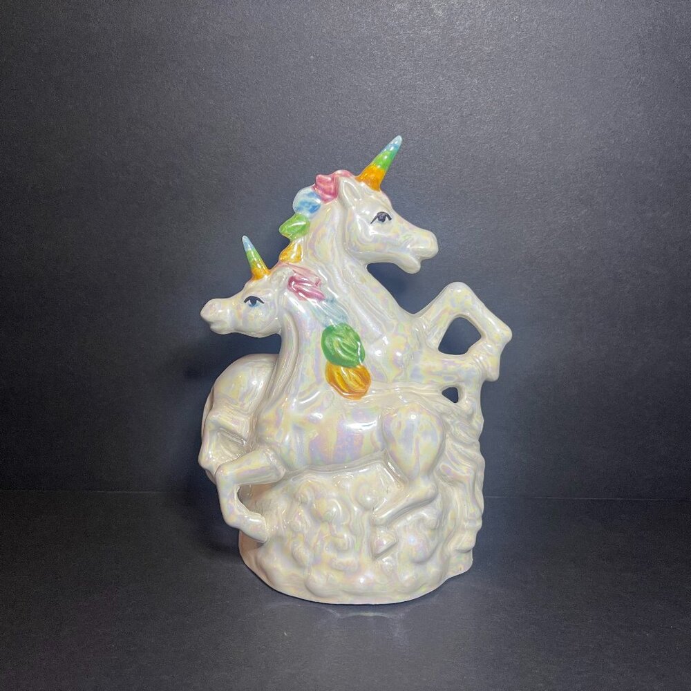 Vintage 1980s Iridescent Rainbow Luster Ceramic Mother & Baby Unicorn Figure